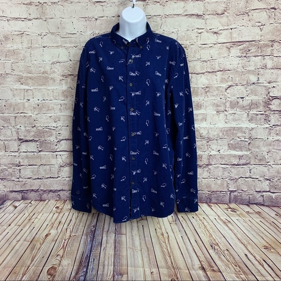 Le 31 Par Simons Blue Fishing Print Corduroy Button Front Shirt - Picture 1 of 12